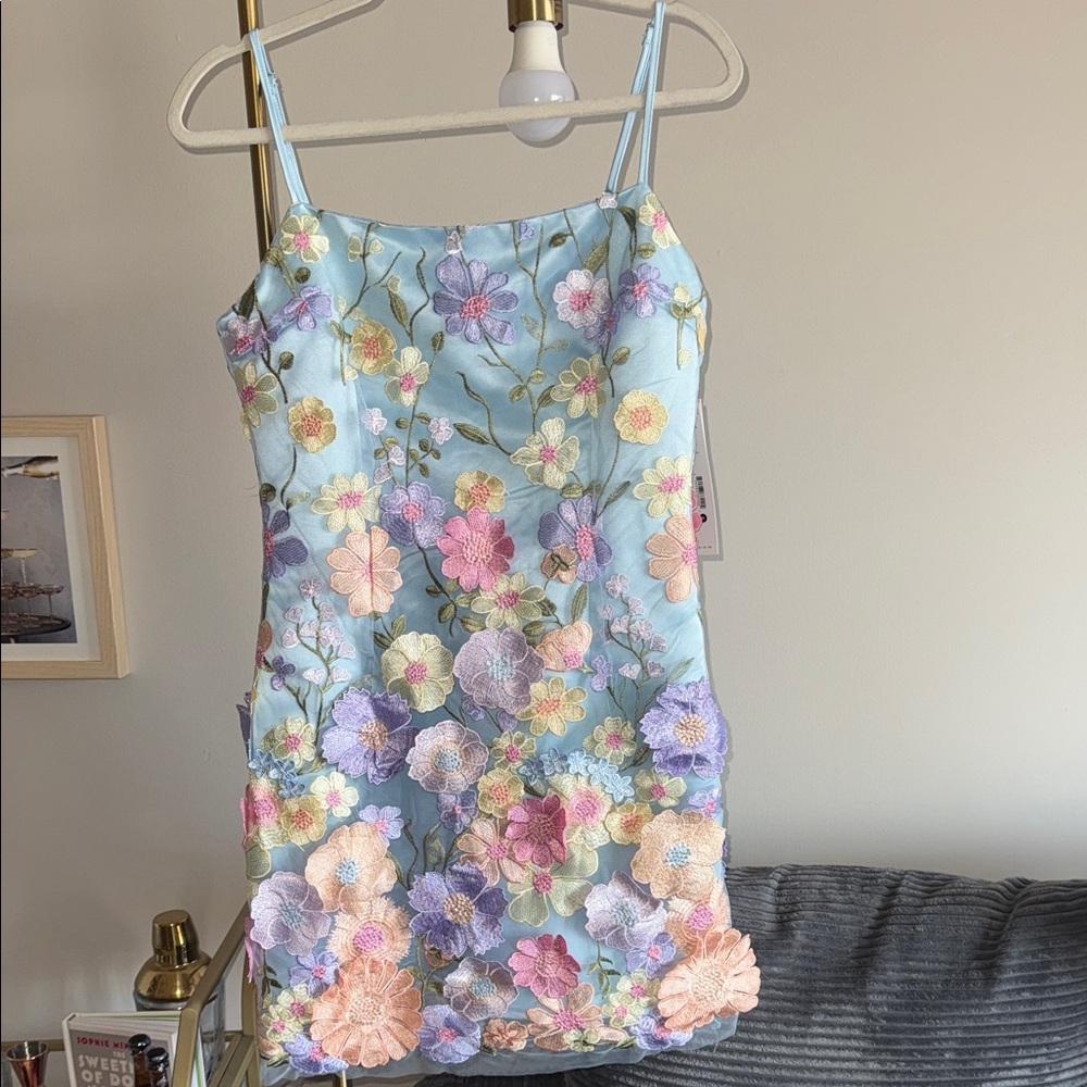 Aqua Floral Embroidered Mini Dress - Blue and Multicolor